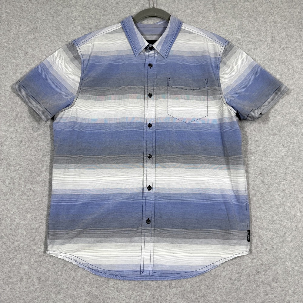 prAna Shirt Men Medium Tamrac Striped Short Sleeve Organic Cotton Hiking Outdoor